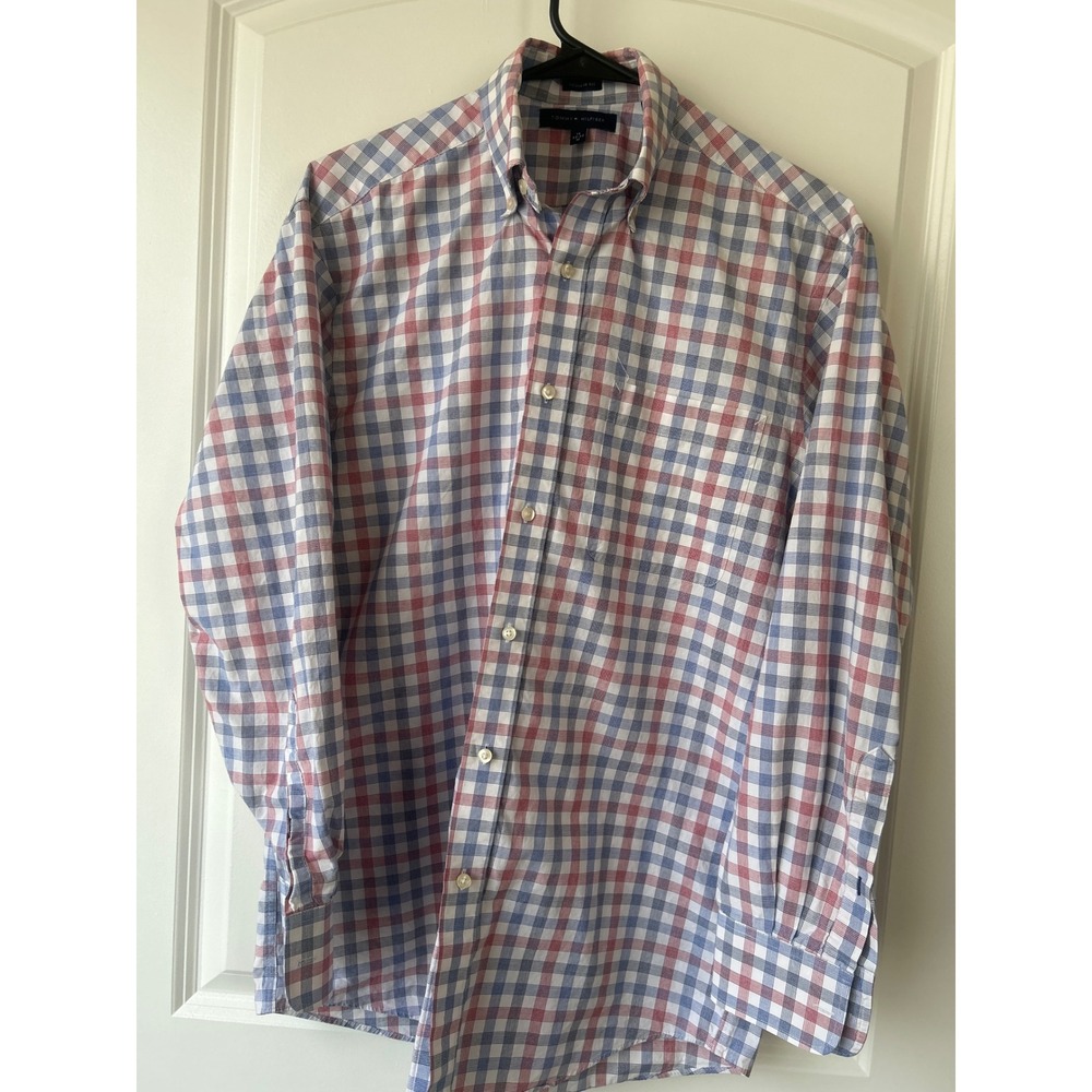 Tommy Hilfiger Mens Red White Blue Plaid Button Down Shirt Regular Fit Size 15 M